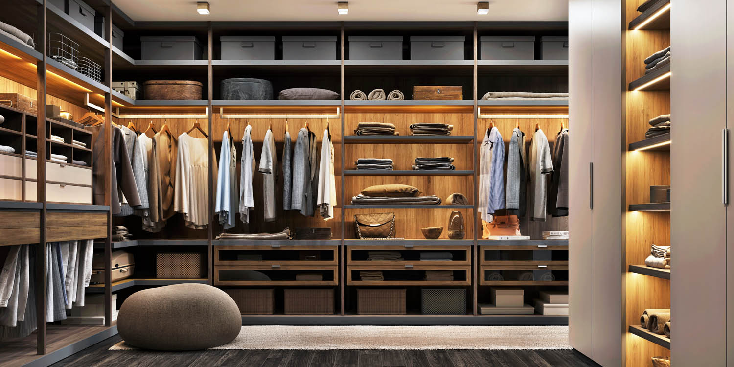 A closet featuring LED lighting - get your lighting installed today with Laughlin Electric.