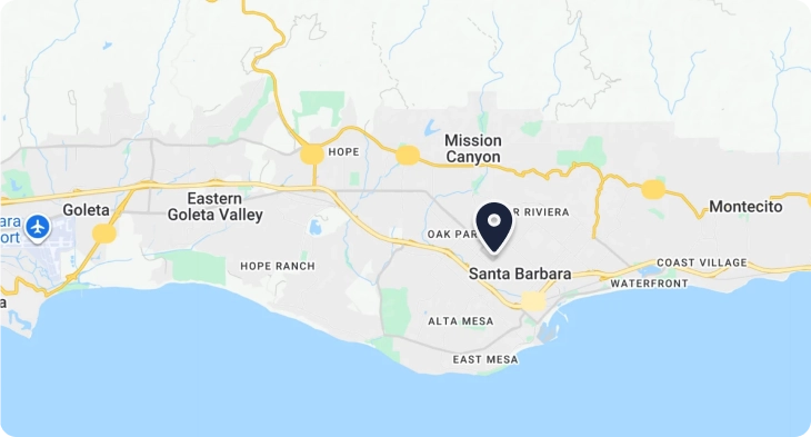 Map showing Santa Barbara and surrounding areas like Goleta, Montecito, and Mission Canyon, with a location pin centered on Santa Barbara.
