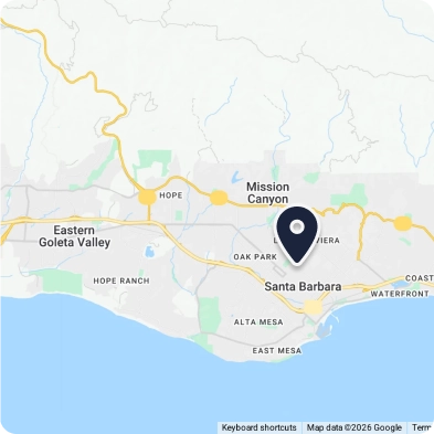Map showing Santa Barbara and nearby areas, with a location pin marking a spot in the city. Roads and neighborhoods such as Mission Canyon and Eastern Goleta Valley are labeled.
