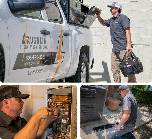 A technician in uniform works with electrical equipment, carries a tool bag, and interacts with a truck labeled “Laughlin Audio Video Electric.”.