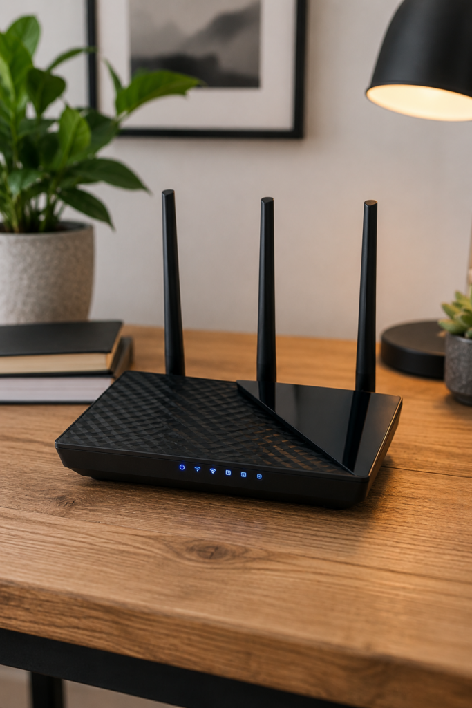 A black wireless router with three antennas is on a wooden desk, surrounded by books, a plant, a succulent, and a lit lamp in the background.